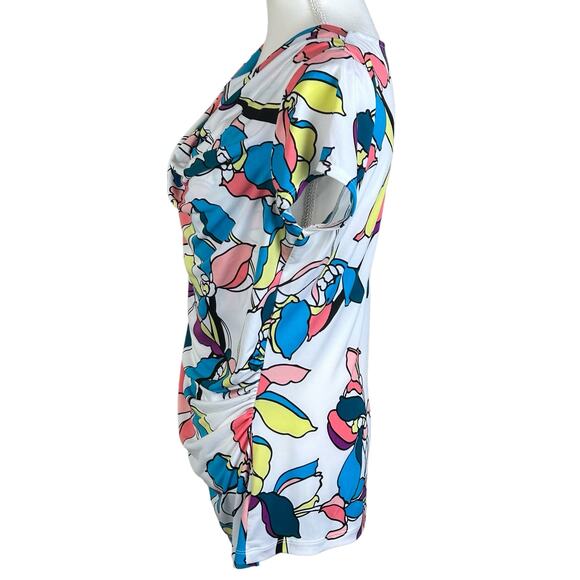 Worthington Top Women Large White Blue Yellow Floral Cowl Neck Draped Stretch - Picture 5 of 10